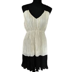 Zara Black & Cream Colorblock Crinkle Pleat V-Neck Back Sleeveless Dress, Medium